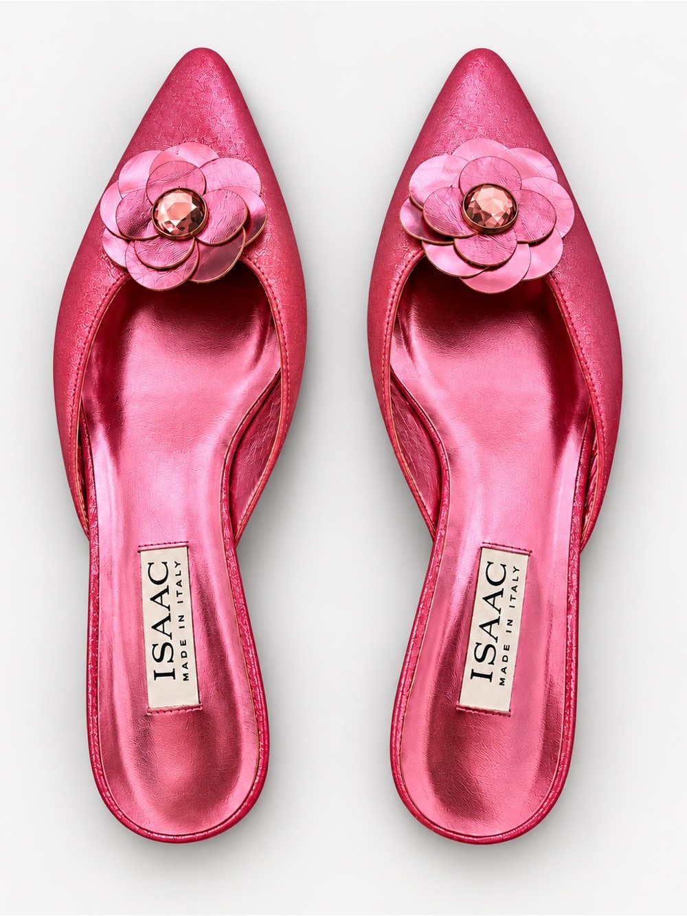 ISAAC Metallic Pink Pointed-Toe Floral Slip-On Mule